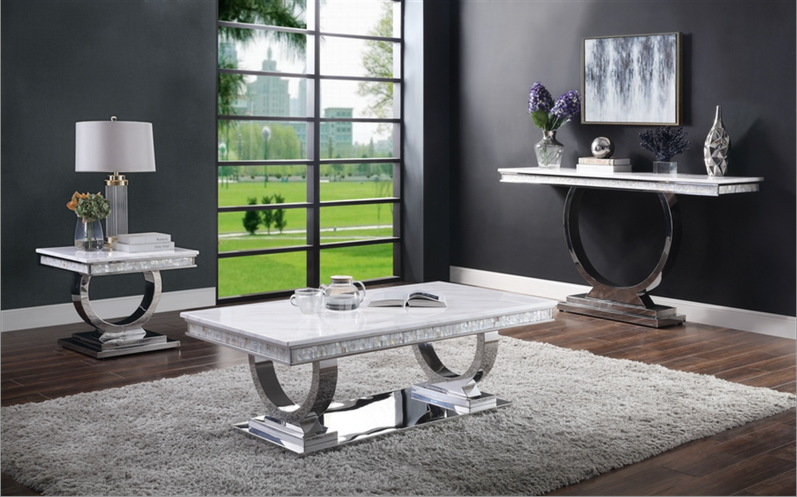 Zander White Printed Faux Marble & Mirrored Silver Finish Table Set image